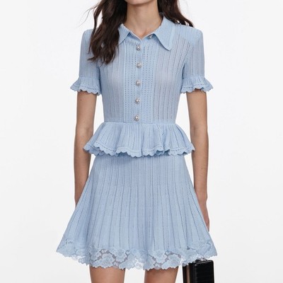self portrait BLUE POINTELLE PEPLUM KNIT MINI DRESS $ 620 Size S