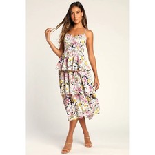 Lulus Floral Tiered Midi Dress Navy Pink Yellow Sweetheart Bustier XS New