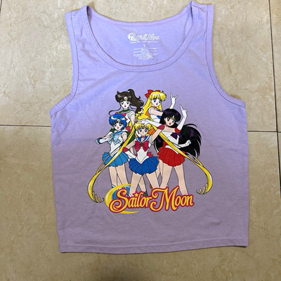 Sailor Moon L Purple Graphic Knit Scoop Neck Wide Strap Stretch Tank Top