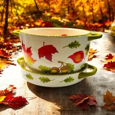 Temptations Fall Harvest Acorn Leaves Old World Soup Salad Plate Bowl Set