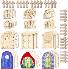 56 Pcs Fairy Door  Window Craft Kit - Wooden Garden Doors, Mini Fences, Unpaint
