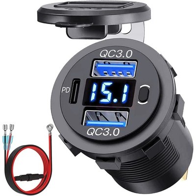 USB Car Charger Dual QC3.0 PD Port With Voltmeter Outlet Socket for 12V Boat RV