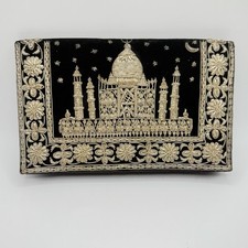 Vintage 50s Black Velvet Taj Mahal Metal Bullion Embroidery Clutch - READ