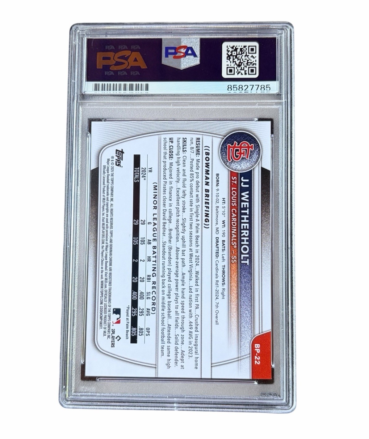 JJ Wetherholt Signed 1st Bowman Paper Card Auto St. Louis Cardinals PSA 10 view 2