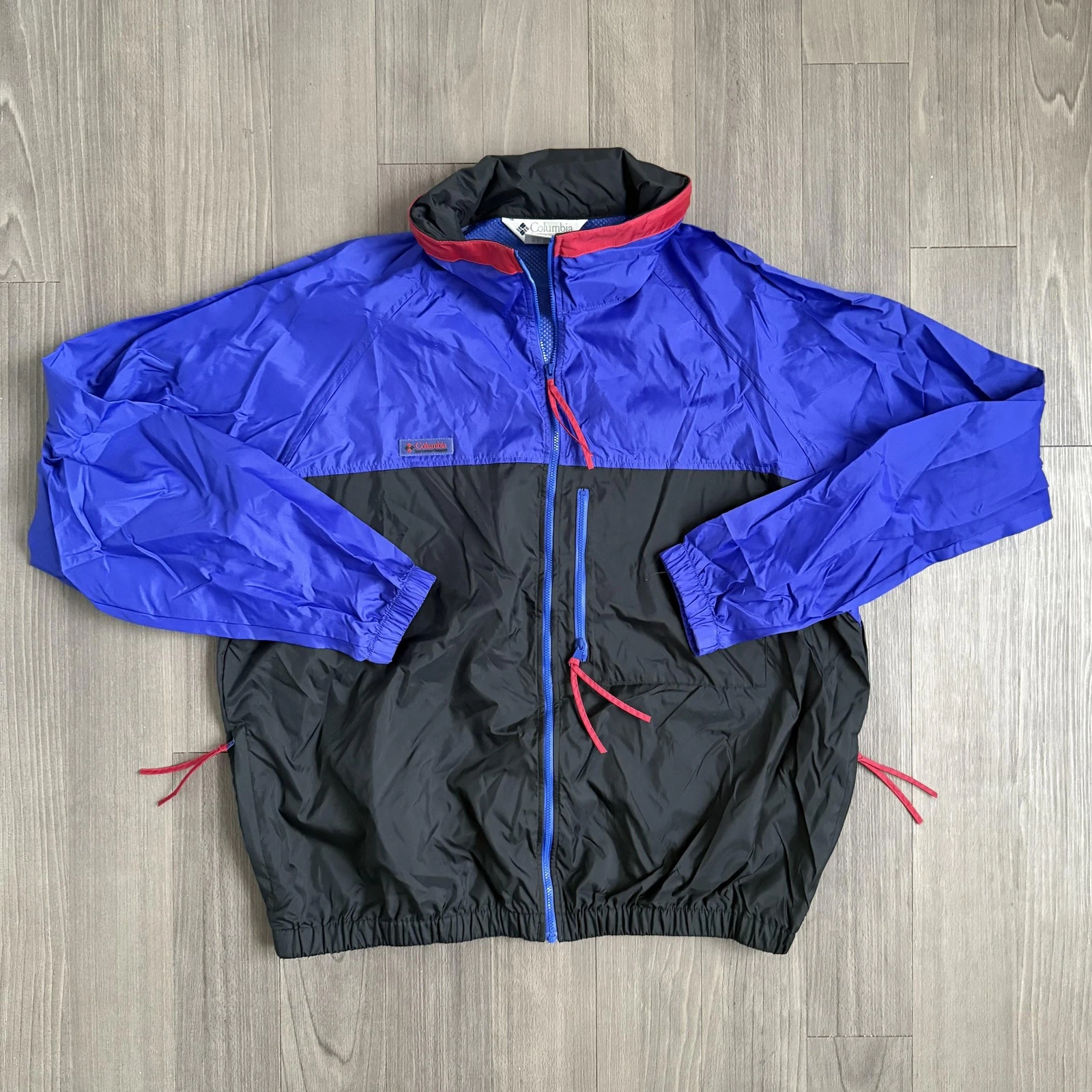 Vintage Columbia Jacket Mens Large Blue Black Colorblock Windbreaker Nylon 90s