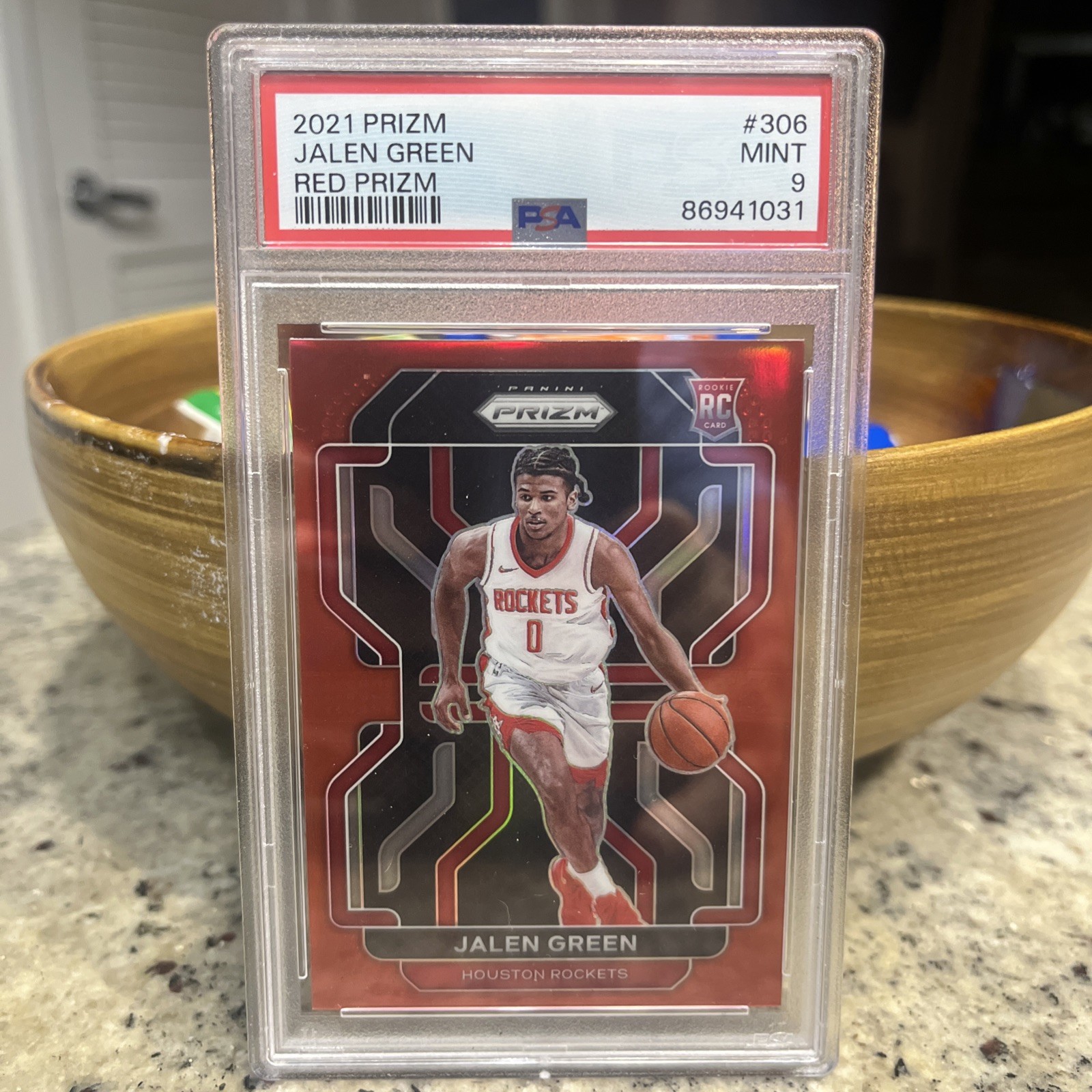 2021-22 Panini Prizm Jalen Green Red Prizm RC 004/299 #306 PSA9 JERSEY MATCH