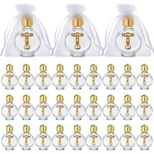 30 Set Holy Water Bottles Catholic Bulk 0.5 Floz Small Embossed Glass Gold Em...