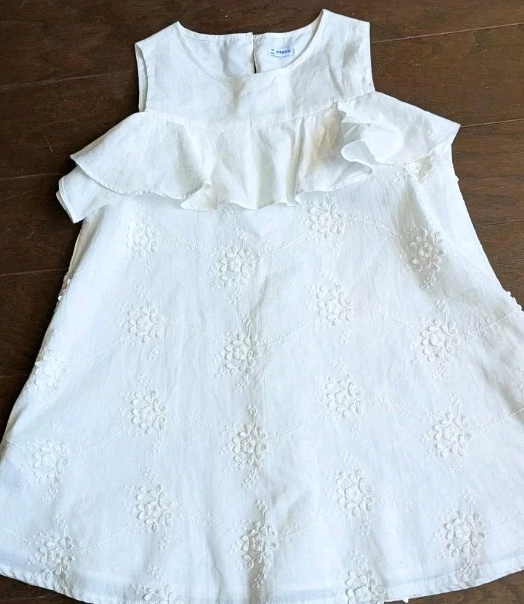 Mayoral White Linen Dress Girls 10 Ruffle Summer Cotton Embroidered Swing Shift - Image 2 of 4