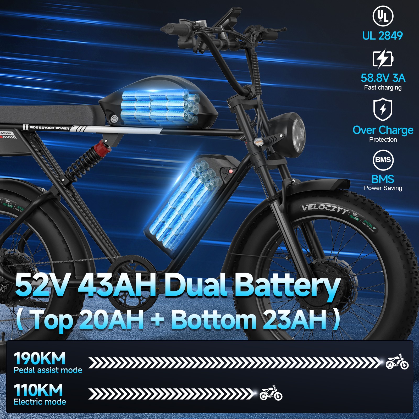 Doppio Motore 2000W 20" Fat Tire Nero Bluvall K10 Bici Elettrica 52V foto 5