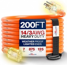 200ft Outdoor/Indoor Extension Cord 14/3 Gauge Heavy Duty 3 Prong SJTW