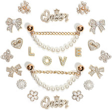 22Pcs Bling Rhinestones Pearls Shoe Charms with 2 Sparkling Shoe Chains, LOVE Qu