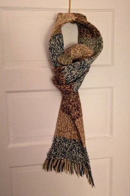 Handmade VTG 100% Wool Ragg Wool Scarf w/Fringe 60'' X 11'' Camel/Brown/Blue/Ivory