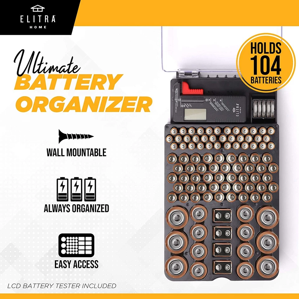 Elitra Home Ultimate Organizador de Batería, Estuche de Almacenamiento de 104 Ranuras con Probador LCD Foto 2 de 4
