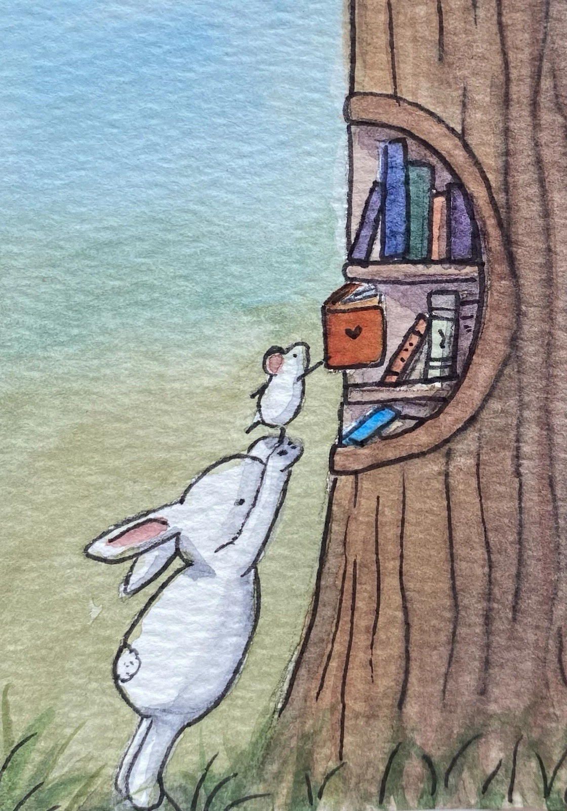 ACEO Original Mixed Media Painting Art A Mouse And Rabbit