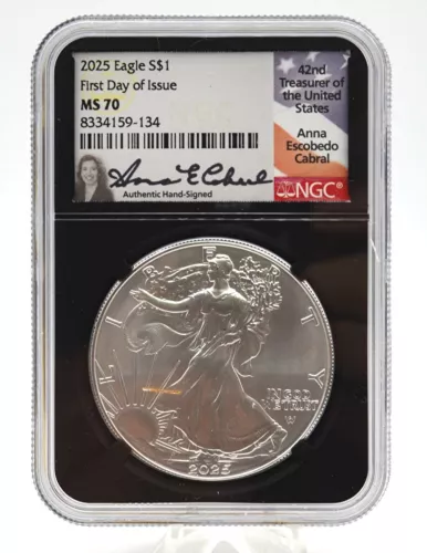 2025 $1 Silver Eagle NGC MS70 - 1st Day Issue - Anna Escobedo Cabral Signed