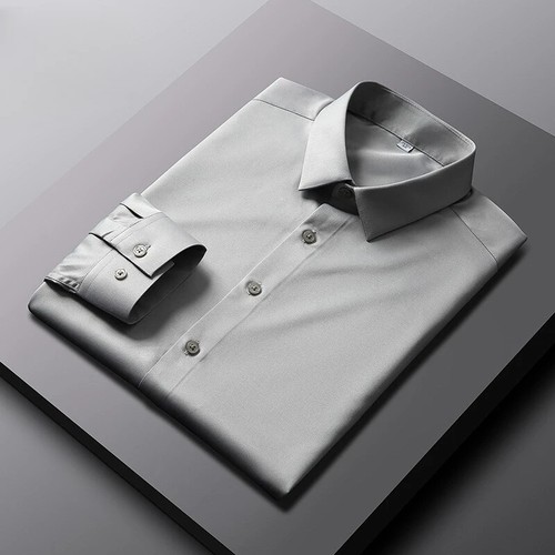 Men's Long Sleeved Shirt Wrinkle Resistant Business Shirt Solid Ice Silk Shirt - Picture 13 of 39