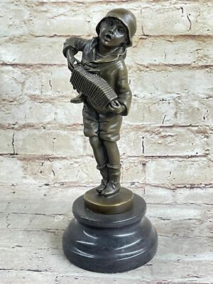 10'' Bronze Statue Marble Base Boy Playing Accordion Inspired by Chiparus Artwork
