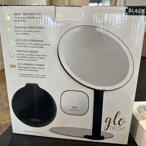 Glo Tech Foldable Travel LED Mirror Black Ships Out Fast! Open Box 10x Magnify - Picture 3 of 5