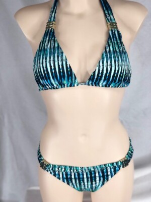 Women's NWT Bar III Bikini Swim 2 Piece Set Tall Triangle Reef Road Indigo Blue
