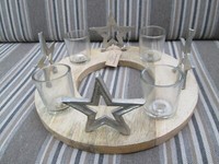Adventskranz, Stern Dekor Aus Metall, Glas Mangoholz Silber (B/H/T) 30X12X30Cm