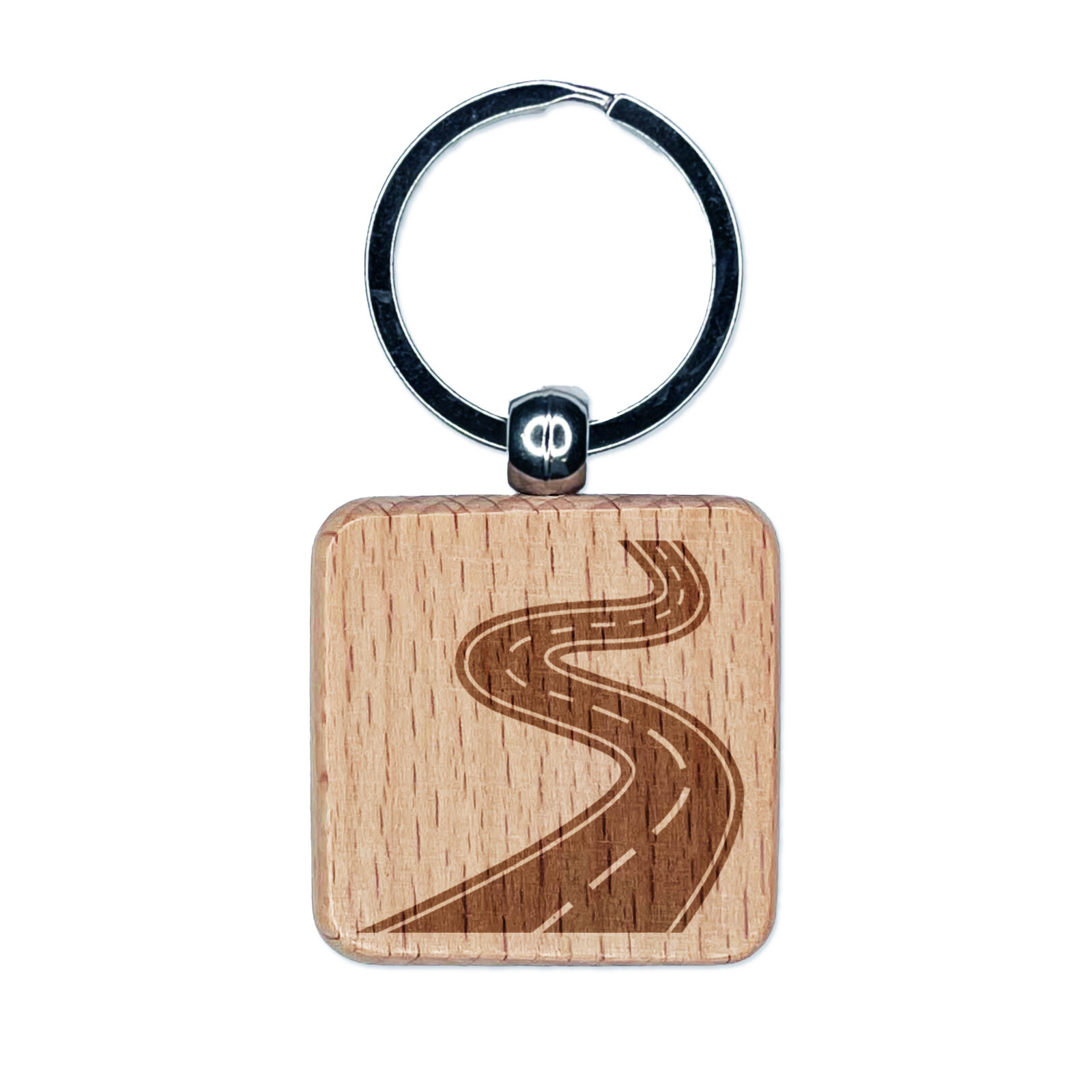 Winding Road Engraved Wood Square Keychain Tag Charm