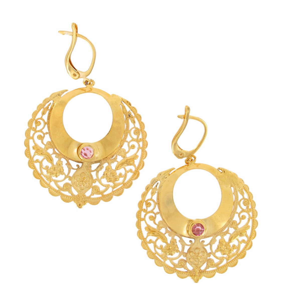 Vintage Leverback Earrings Italy Gold Tone Filigree Hoop Pink