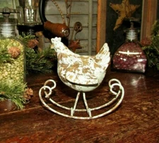 Primitive Antique Vtg Style Verdigris Rustic Rocking Hen Resin Shelf Chicken