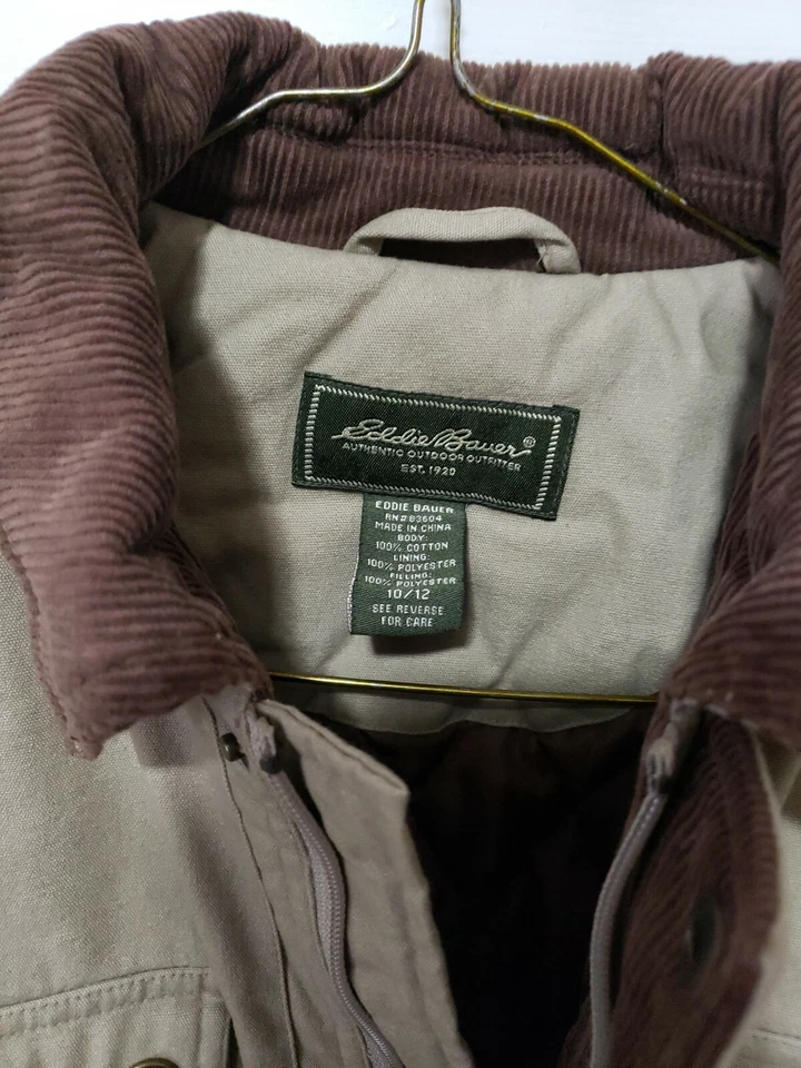 Boy's Vintage Eddie Bauer Tan Full Zip with Snaps Corduroy Trim Coat Size 10/12 - Image 4 of 4