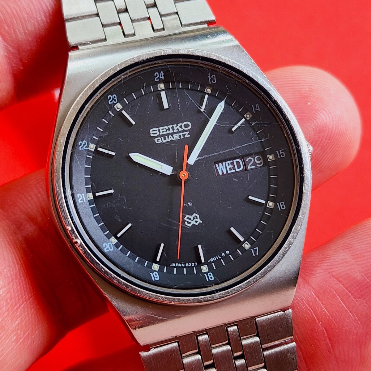 Seiko Vintage Black Military Dial Watch SQ Day Date Bracelet