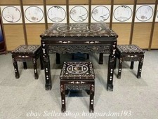 39.2" Old Chinese Padauk Red sandalwood Wood Shell Figure Table Desk Chair Set