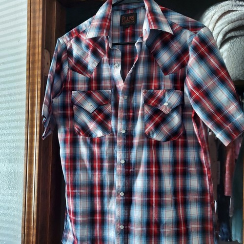 PLAINS WESTERN WEAR Men’s Shirt Small Blue/ Red Plaid Cowboy Pearl Snaps S/S - Picture 3 of 5