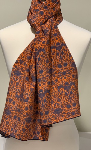 100% Silk Scarf created with Liberty Of London Crepe ~ Navy & Orange ~ 65x180cm - Picture 4 of 8