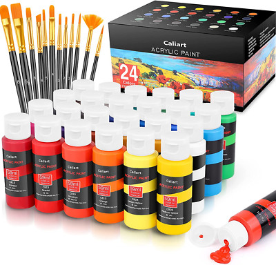 Caliart Acrylic Paint Set With 12 Brushes, 24 Colors 59ml, 2oz Art Craft Paints