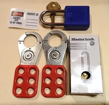 Master Lock 421 Lockout Hasp 6 Gang and 410 Locks Blue Lot Of 2 Each New Old Stk