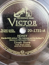 Record DINAH SHORE 10" 78 RPM "HONEY" VICTOR 20-1731A