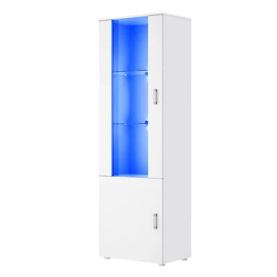 ELEGANT White Tall High Gloss Display Cabinet Sideboard Storage Cupboard with LED Lights