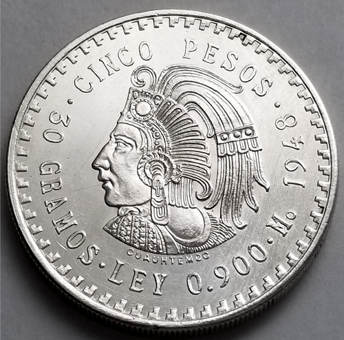 Mexico cinco 5 Pesos 1948 Cuauhtemoc The Last Aztec Emperor, Silver Coin .900.