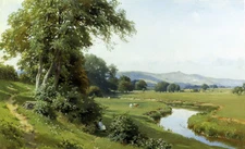 Oil painting harry sutton palme - an extensive river landscape with a young girl