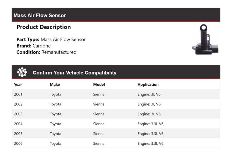 For 2001-2006 Toyota Sienna Mass Air Flow Sensor Cardone 2002 2003 2004 2005 - Image 2 of 4