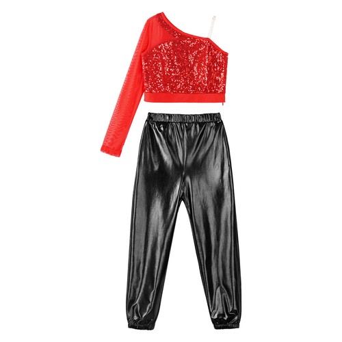 Kids Girl's Crop Top With Pants Performance Tracksuit Metallic Dance Outfit Gym - Picture 36 of 87