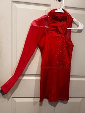 Kell  Dance Adult SM K2T9 Red Leo with Shorts One Sleeve Mesh Custom Rhinestones