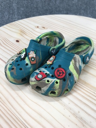 Crocs Shoes Youth Kids 11 Naruto Marble Classic Clog Blue Green Heel Strap Flat - Picture 6 of 16