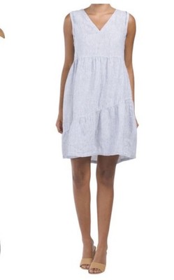 Lucky Brand 100% Linen Mini Dress Blue White Stripes Sleeveless Coastal Sz Large