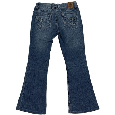 Vintage V Blue Jeans Low Rise Bootcut Flare Embellished Fleur De Lis Denim Y2K