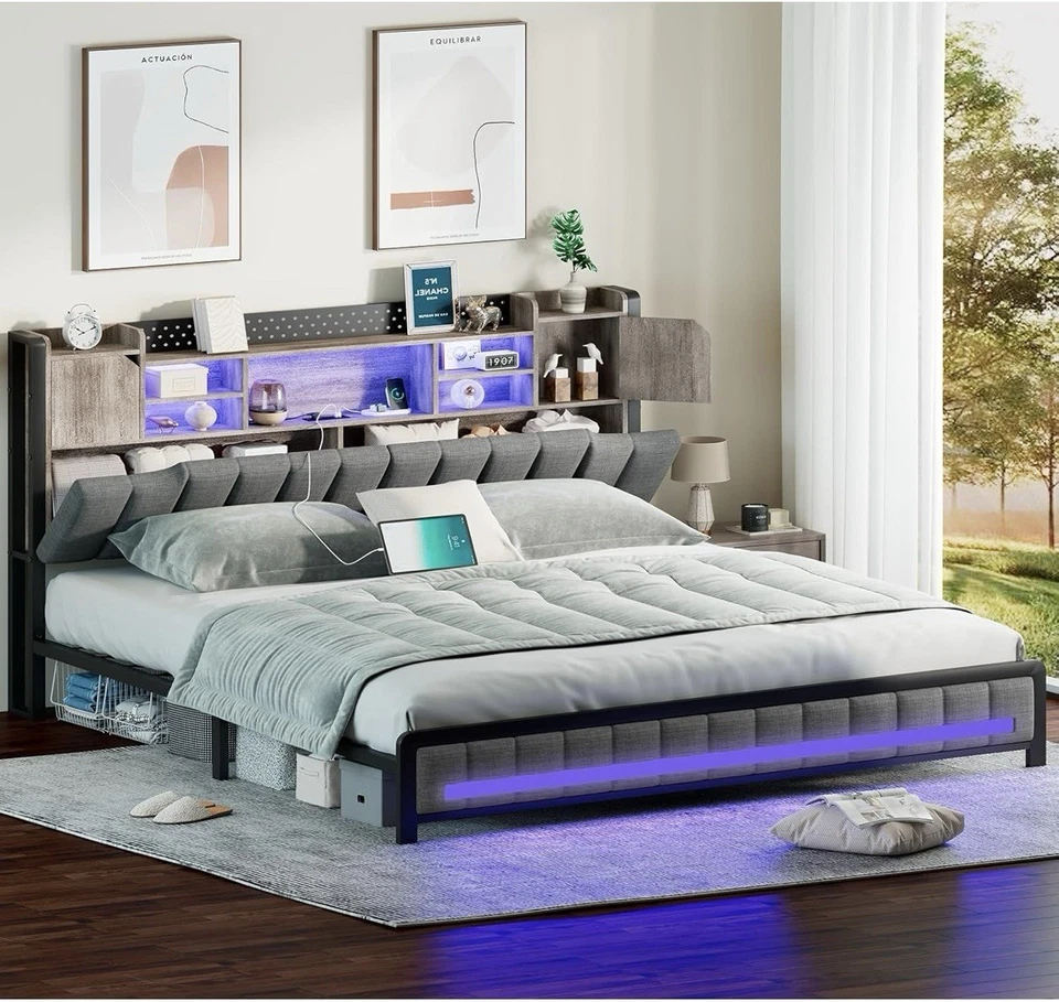 Marco De Cama King Size Base Plataforma de Metal Cabecera LED Storage Habitacion - Image 2 of 4