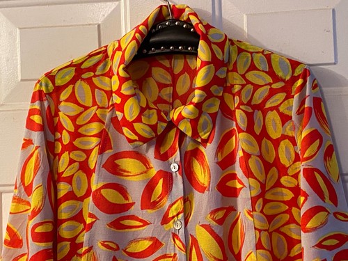 Chalet Et CeCi Sz XS Knit Button Up Blouse Long Sleeve Red/Yellow /Gray Pockets - Picture 2 of 11