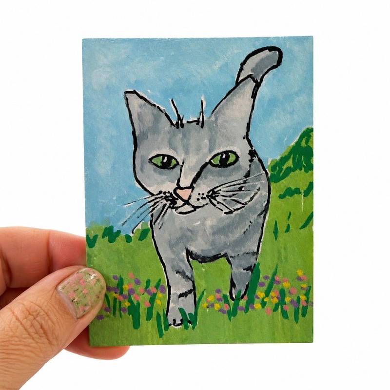 Original Gray Cat ACEO Painting – One of a Kind (OOAK)