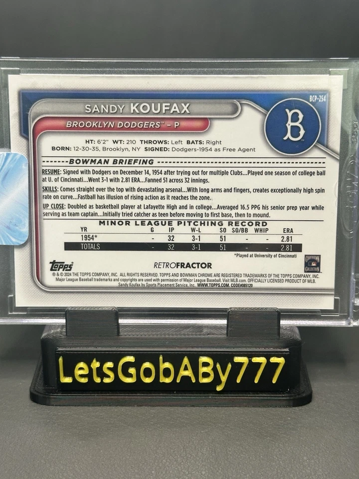 Retrofractor 2024 Topps 1st Bowman cromo Sandy Koufax #BCP-254 07/50 Foto 2 de 2