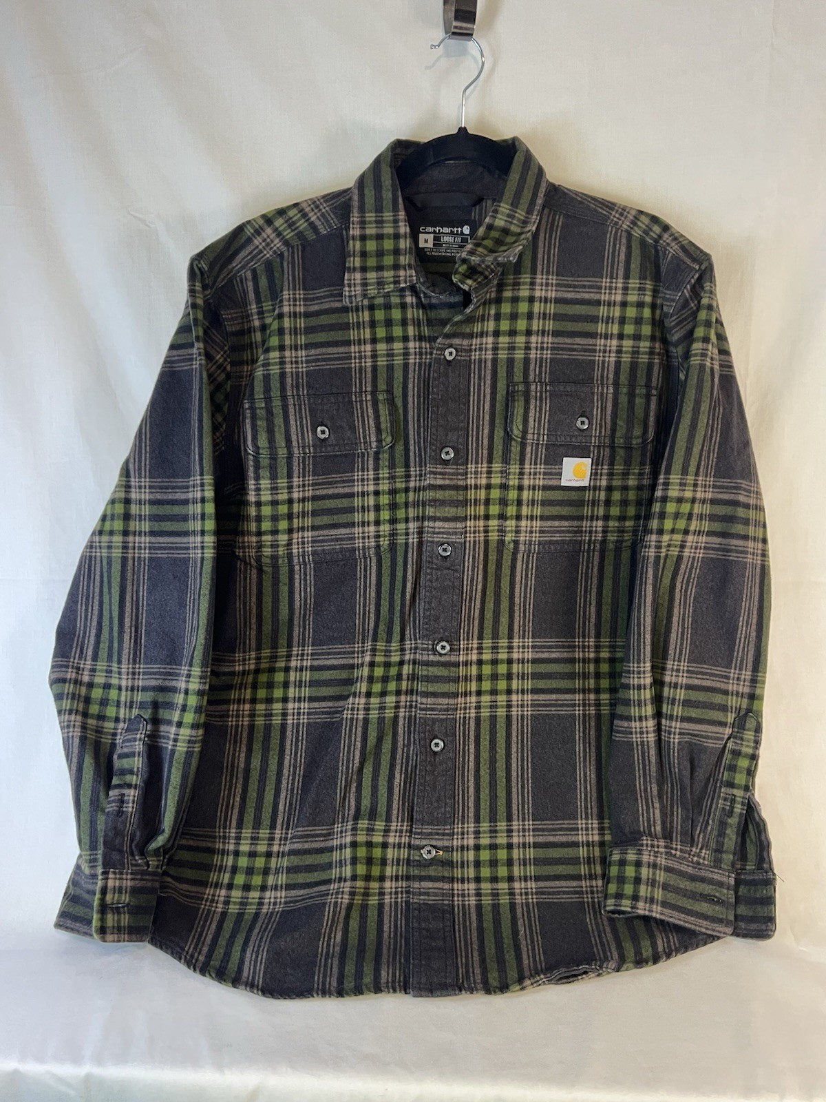Carhartt Mens Gray Green Heavyweight Flannel Long Sleeve Loose Fit Shirt Sz M