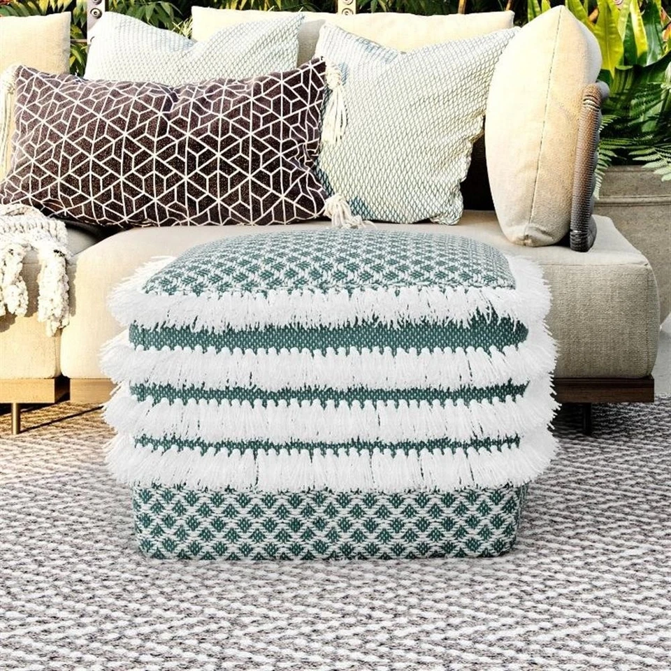 Simpli Home Leah Boho Square Woven Pouf in Turquoise and White - Image 2 of 4